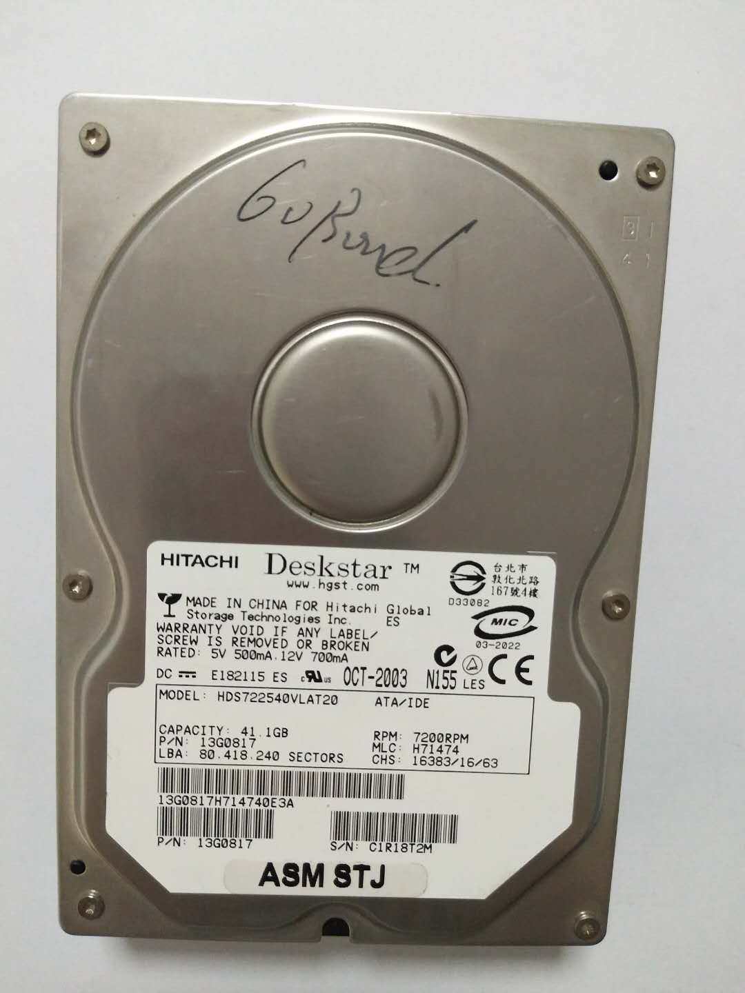 ASM STJ HITACHI DESKSTAR HDS722540VLAT20 41.1GB Harddisk 13G0817